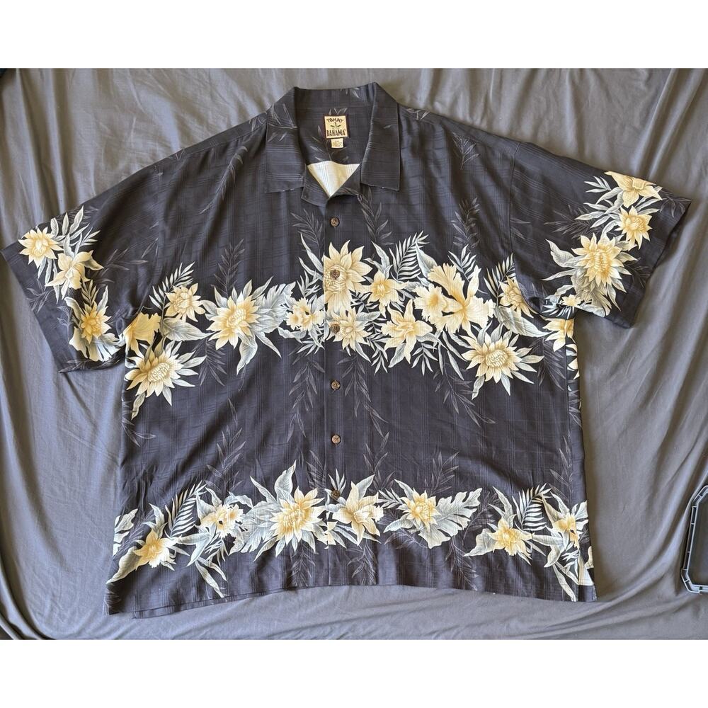 Tommy‎ Bahama Silk Hawaiian Shirt Mens XXL Black Floral Camp Aloha